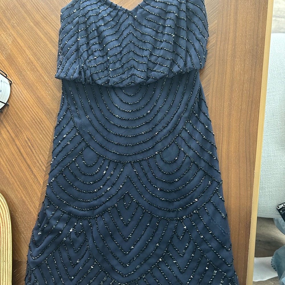 Adrianna Papell Strapless Navy Dress with Beadwork